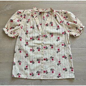 Sezane Cream Blouse with Pink Floral Pattern